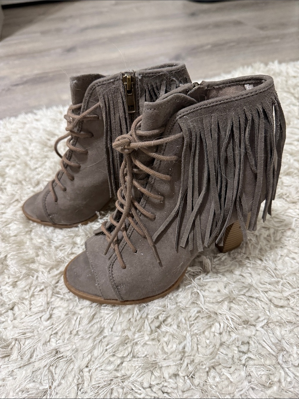 Express Taupe Fringe Lace-Up Peep-Toe Ankle Boots